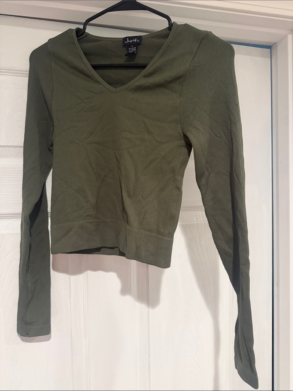 JustFab Olive Green Ribbed V-Neck Long Sleeve Top